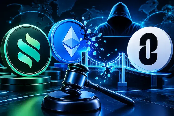 KelpDAO rsETH exploit and LayerZero bridge security lawsuit illustration with Ethereum, crypto tokens, broken bridge, and legal gavel.