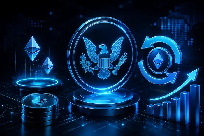 SEC crypto guidance on staking tokens and buybacks, illustrated with a regulatory emblem, Ethereum tokens, circular buyback arrows, and rising market bars.