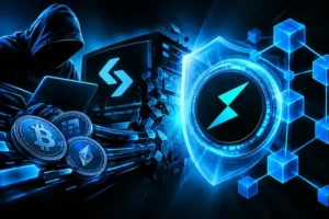 Bitget hack illustration showing a cyber attacker, cryptocurrency coins, a damaged exchange server, and a glowing THORChain security shield in blue and black tones.