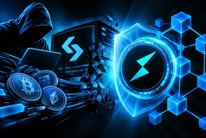 Bitget hack illustration showing a cyber attacker, cryptocurrency coins, a damaged exchange server, and a glowing THORChain security shield in blue and black tones.