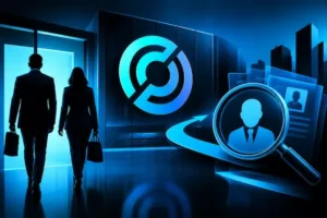 Sky-blue and black corporate illustration showing two executives leaving a company office, a crypto company logo, and a magnifying glass highlighting a new executive candidate.