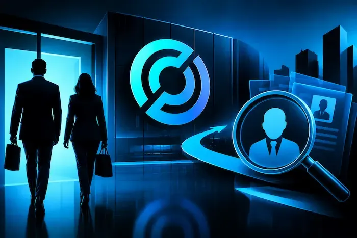 Sky-blue and black corporate illustration showing two executives leaving a company office, a crypto company logo, and a magnifying glass highlighting a new executive candidate.