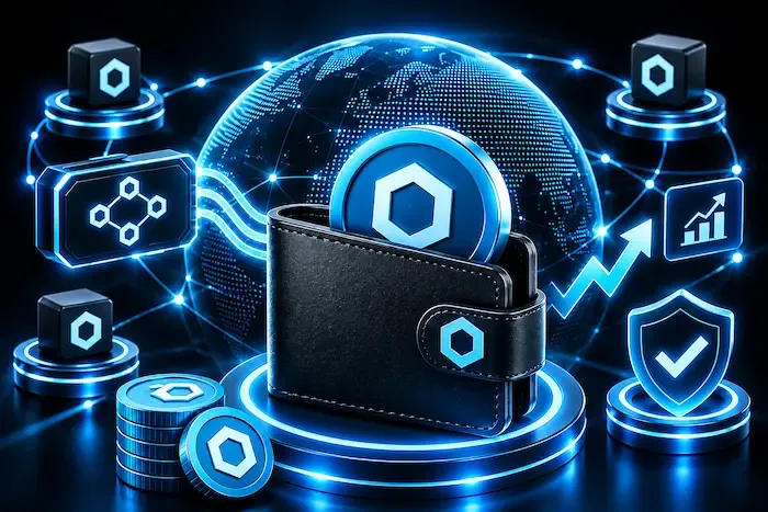 Crypto wallet with blue blockchain network and security icons.