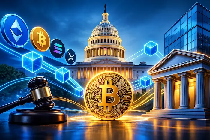 U.S. Capitol, Bitcoin, blockchain, and banking symbols.