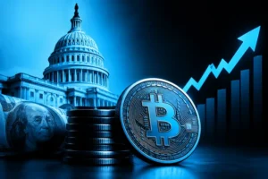 Bitcoin coin, U.S. Capitol building, and rising blue market graph illustrating growing U.S. debt concerns and Bitcoin’s potential as a financial hedge.
