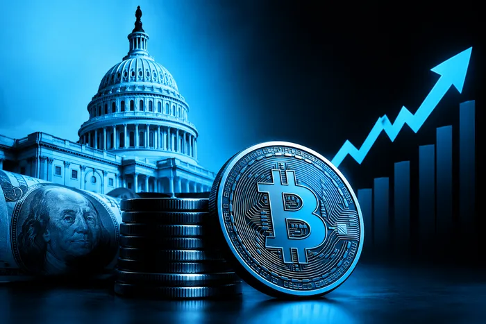 Bitcoin coin, U.S. Capitol building, and rising blue market graph illustrating growing U.S. debt concerns and Bitcoin’s potential as a financial hedge.