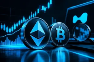 Ethereum and Bitcoin coins against a blue and black trading chart illustrating Hyperliquid ETH volume surpassing BTC amid PaperTrade concerns.