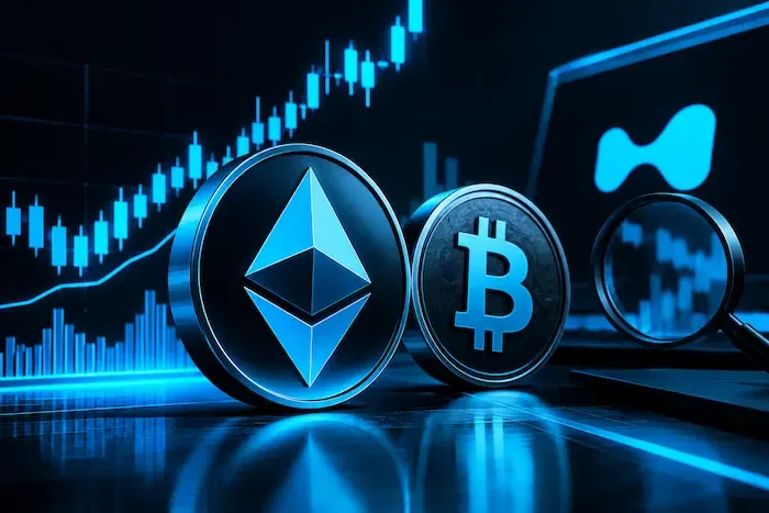 Ethereum and Bitcoin coins against a blue and black trading chart illustrating Hyperliquid ETH volume surpassing BTC amid PaperTrade concerns.