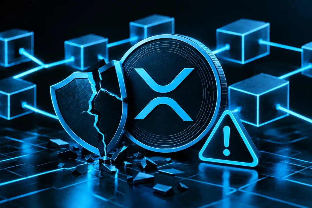 XRPL security flaw shows a cracked shield beside XRP coin and blockchain warning
