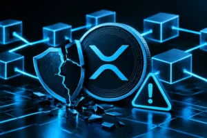 XRPL security flaw shows a cracked shield beside XRP coin and blockchain warning