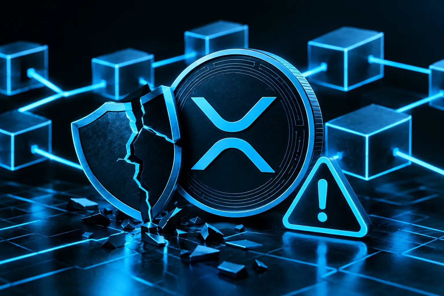 XRPL security flaw shows a cracked shield beside XRP coin and blockchain warning