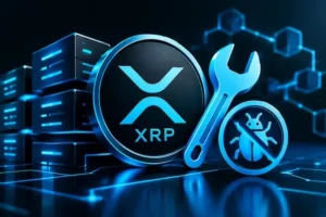 XRP Ledger security update illustrating a bug fix against a blue and black blockchain background.