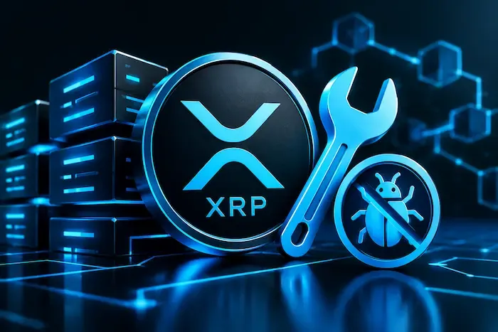 XRP Ledger security update illustrating a bug fix against a blue and black blockchain background.